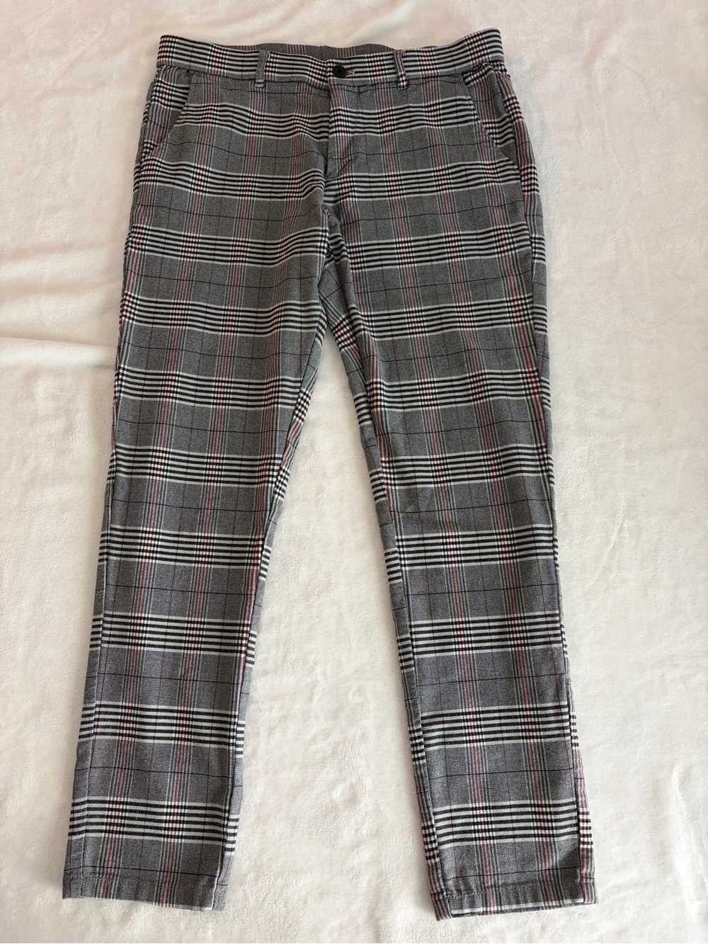 Men's Gray Glen Plaid Dress Pants with Subtle Red Windowpane